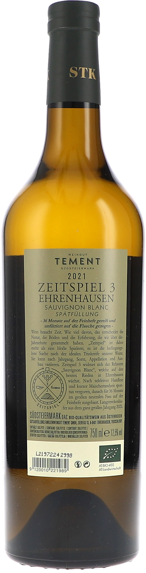 Tement "Ehrenhausen Sauvignon Blanc ""Zeitspiel 3"" Spätfüllung" 2021 BIO Rücketikett
