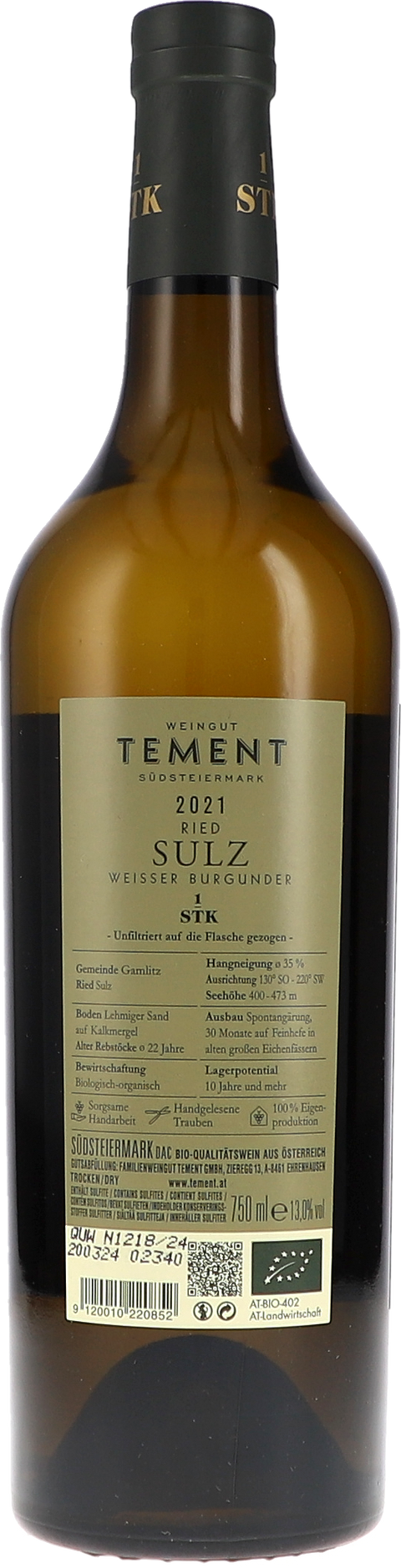 Tement Ried Sulz Weisser Burgunder, Erste STK Lage 2021 BIO Rücketikett