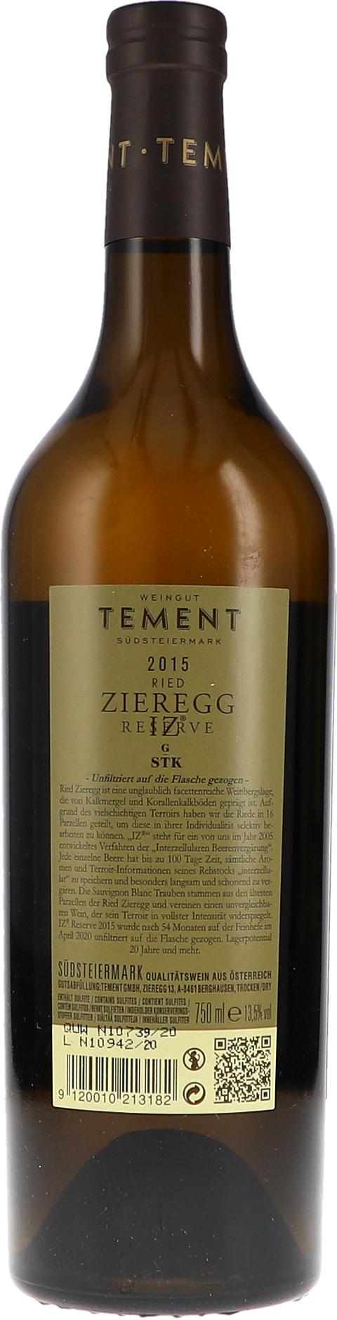 Tement Ried Zieregg IZ Reserve, Große STK Lage 2015 Rücketikett