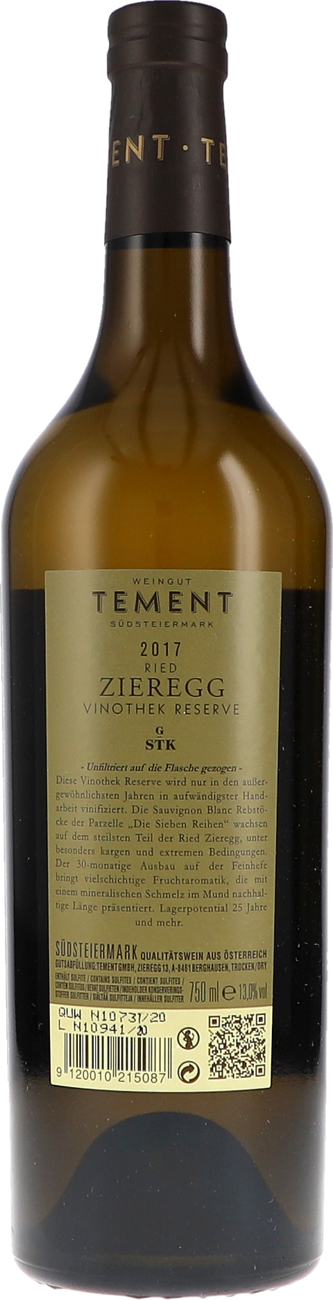 Tement Ried Zieregg Sauvignon Blanc Vinothek Reserve, Große STK Lage 2017 Rücketikett