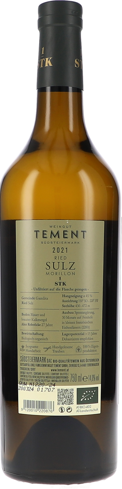 Tement Ried Sulz Morillon Erste STK Lage 2021 BIO Rücketikett