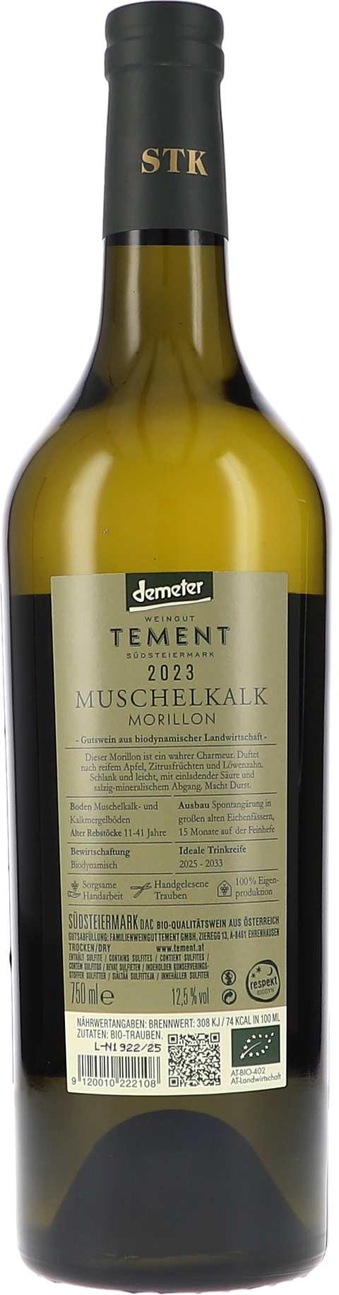 Tement Morillon Muschelkalk 2023 BIO Rücketikett