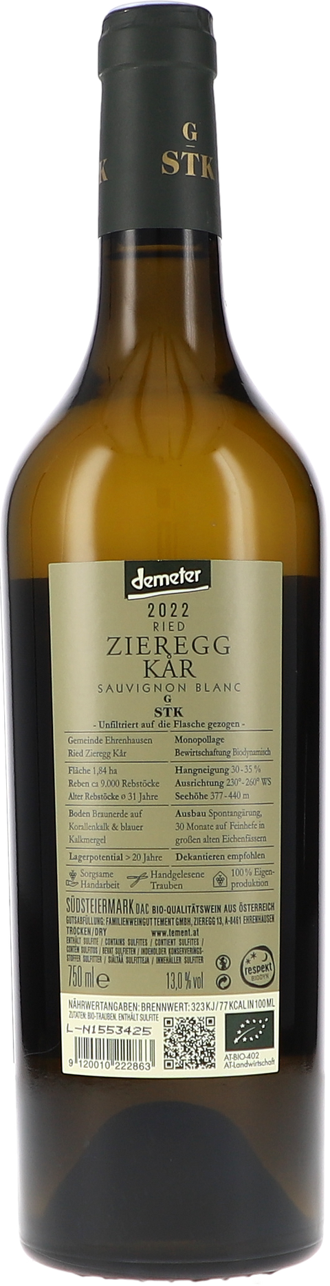 Tement Ried Zieregg Kår Sauvignon Blanc, Große STK Lage 2022 BIO Rücketikett