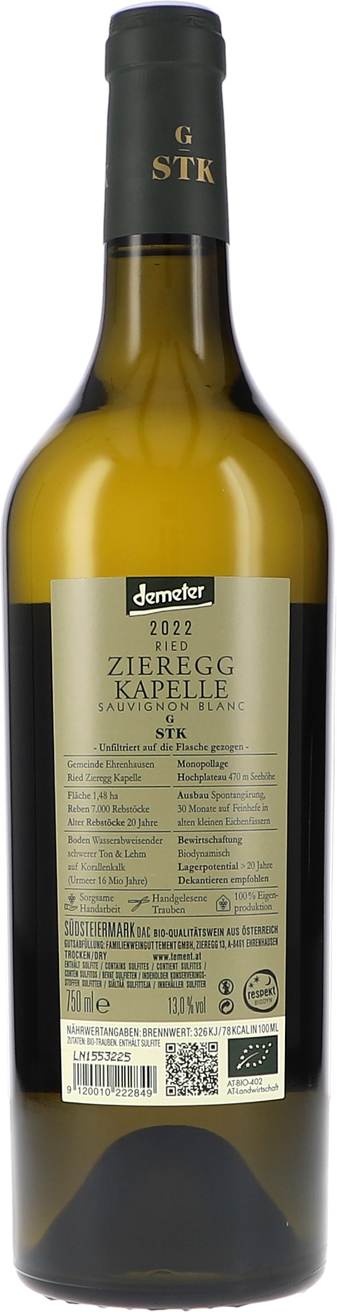 Tement Ried Zieregg Kapelle Sauvignon Blanc, Große STK Lage 2022 BIO Rücketikett