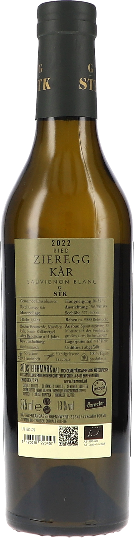 Tement Ried Zieregg Kår Sauvignon Blanc, Große STK Lage 2022 BIO 0,375L Rücketikett