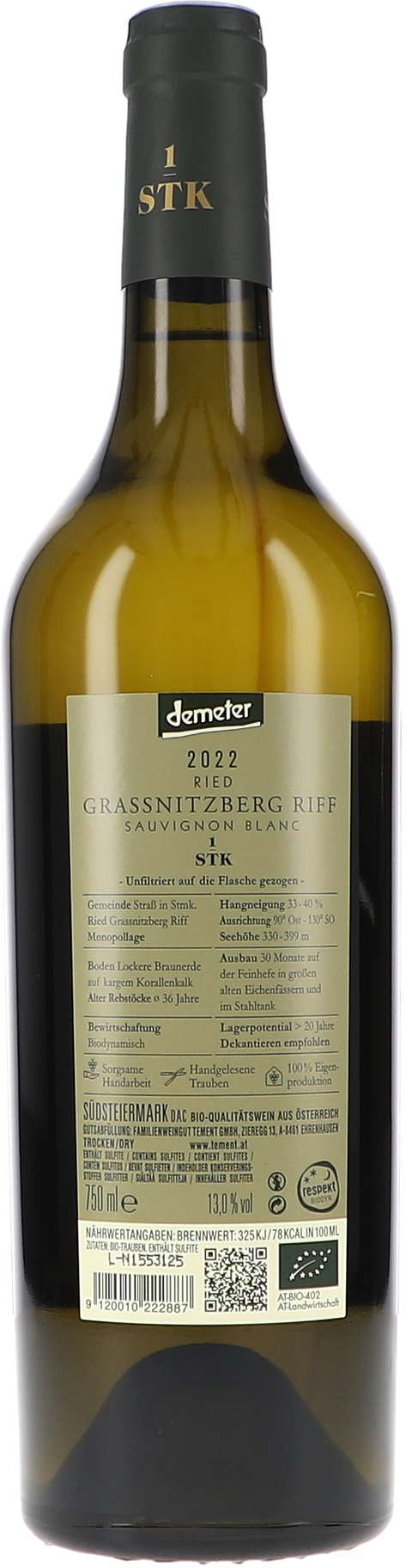 Tement Sauvignon Blanc Ried Grassnitzberg Riff Erste STK Lage 2022 BIO Rücketikett