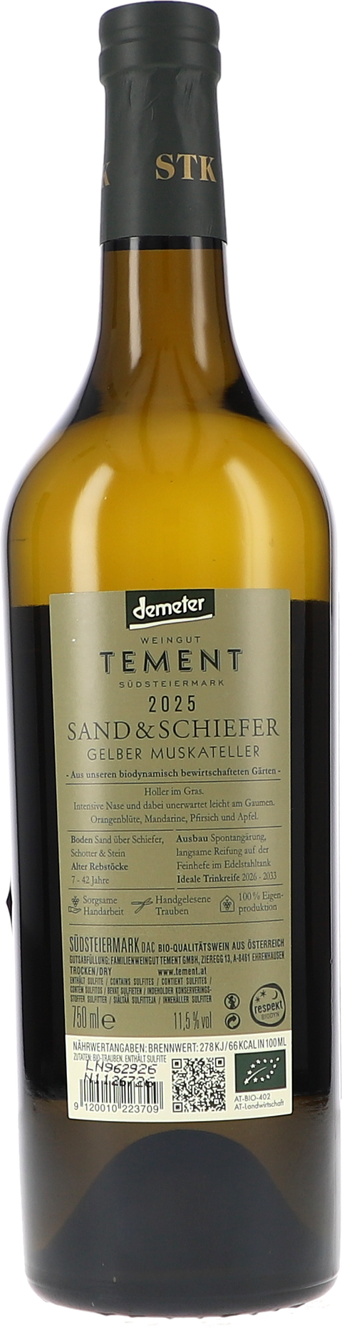 Tement "Gelber Muskateller ""Sand & Schiefer"" Südsteiermark DAC" 2025 BIO Rücketikett