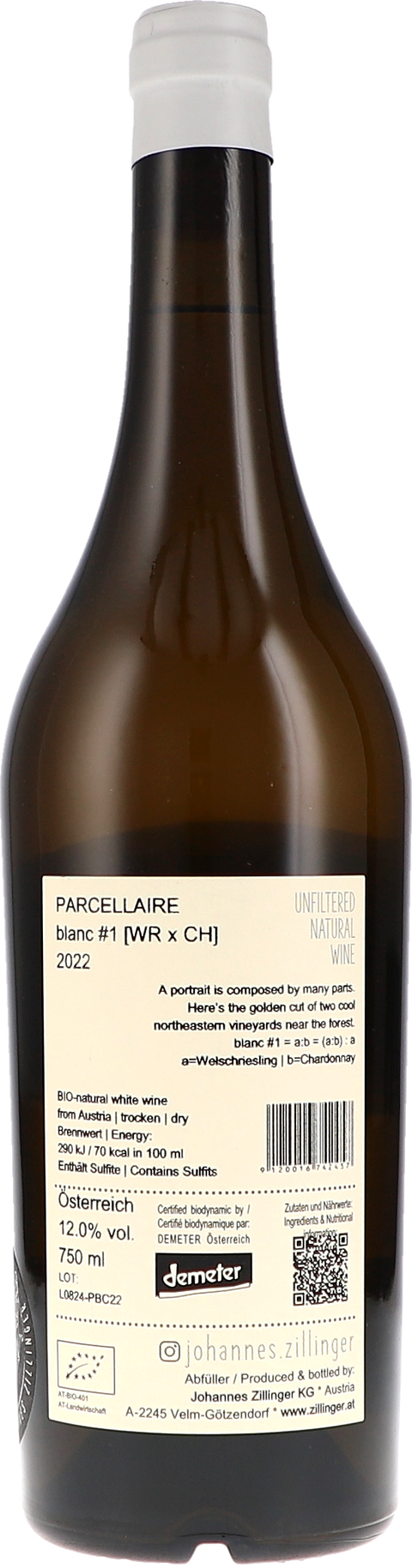 Johannes Zillinger parcellaire blanc #1 2022 BIO Rücketikett
