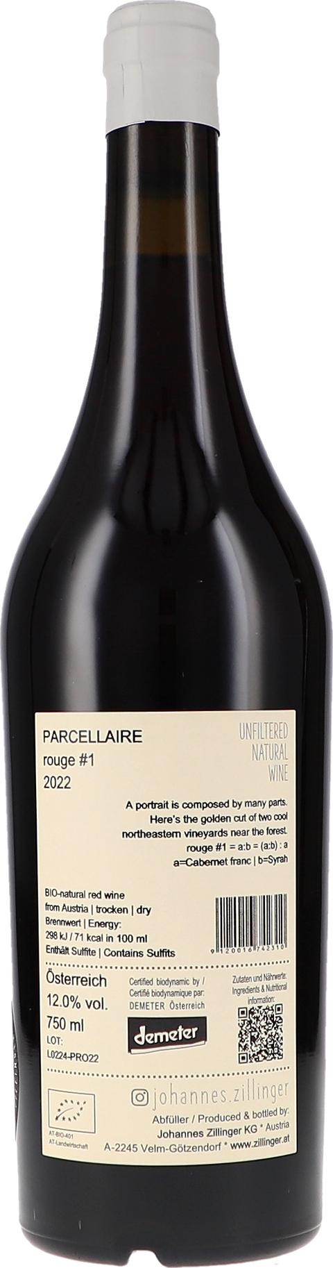 Johannes Zillinger parcellaire rouge #1 2022 BIO Rücketikett