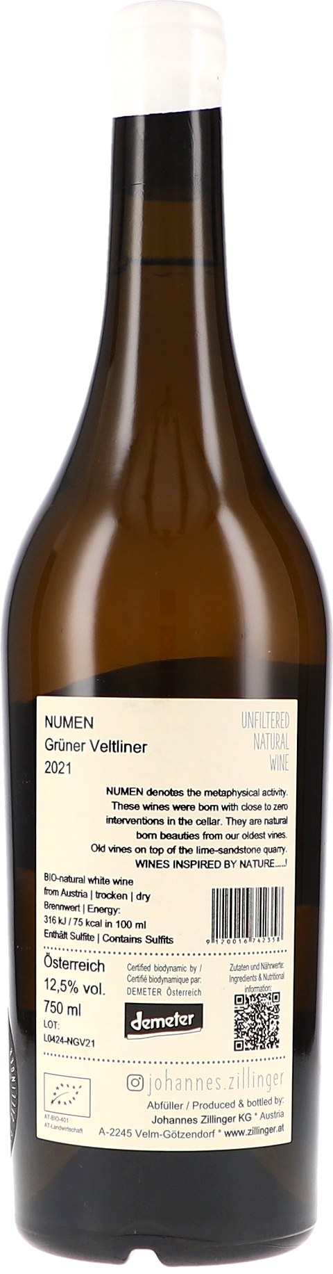Johannes Zillinger NUMEN Grüner Veltliner 2021 BIO Rücketikett
