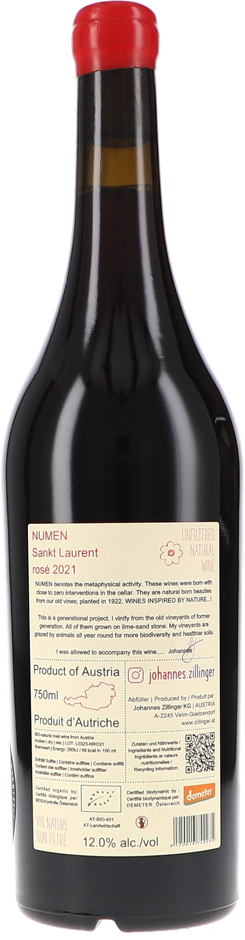 Johannes Zillinger NUMEN Sankt Laurent Rosé 2021 BIO Rücketikett