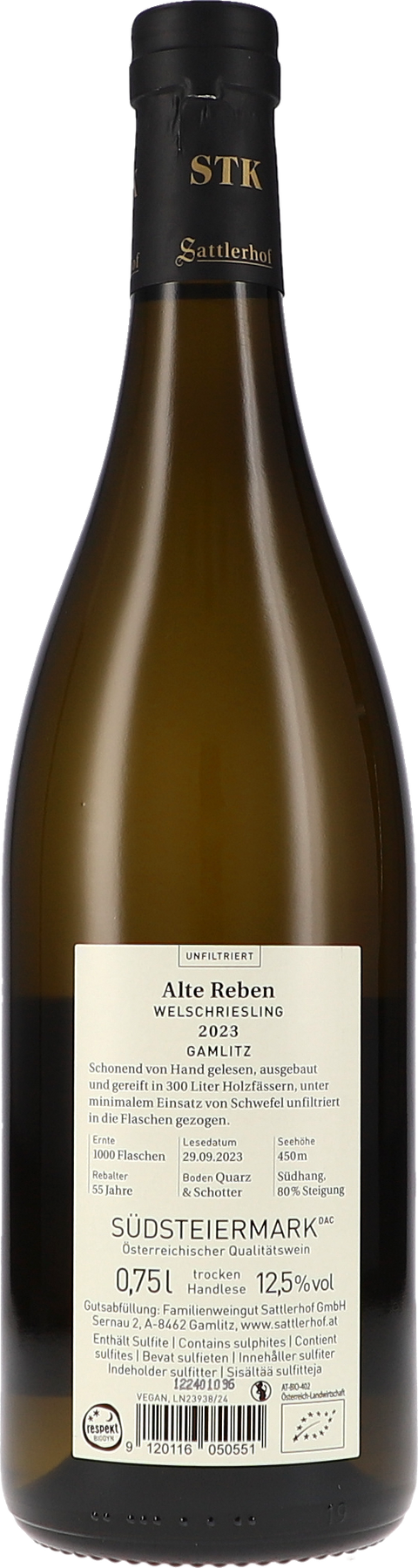 Sattlerhof Alten Reben Welschriesling DAC 2023 BIO Rücketikett