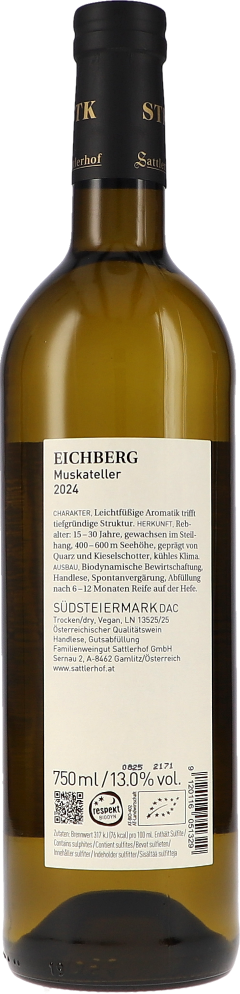 Sattlerhof Eichberg Muskateller DAC 2024 BIO Rücketikett