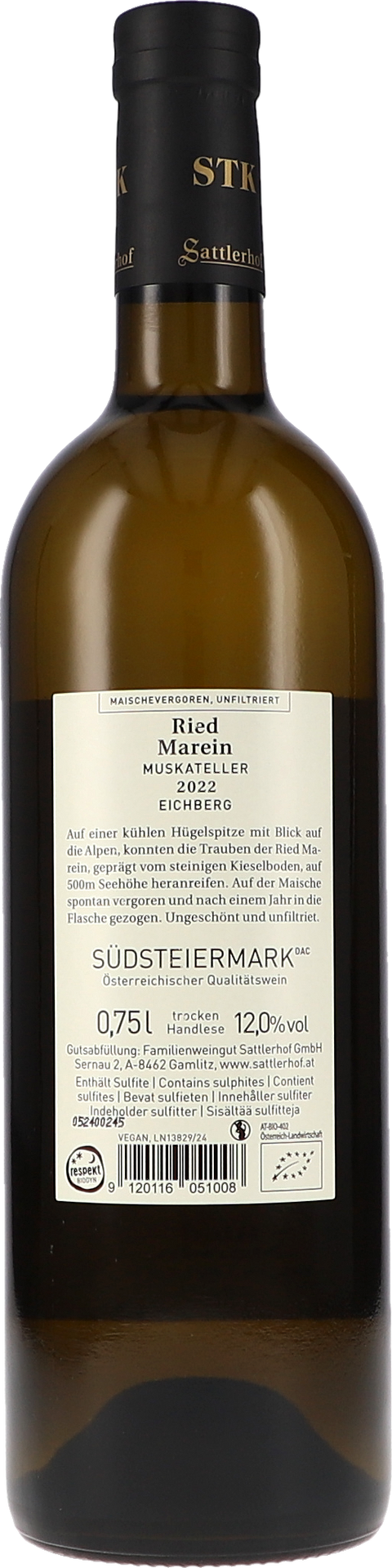 Sattlerhof Ried Marein Muskateller DAC 2022 BIO Rücketikett
