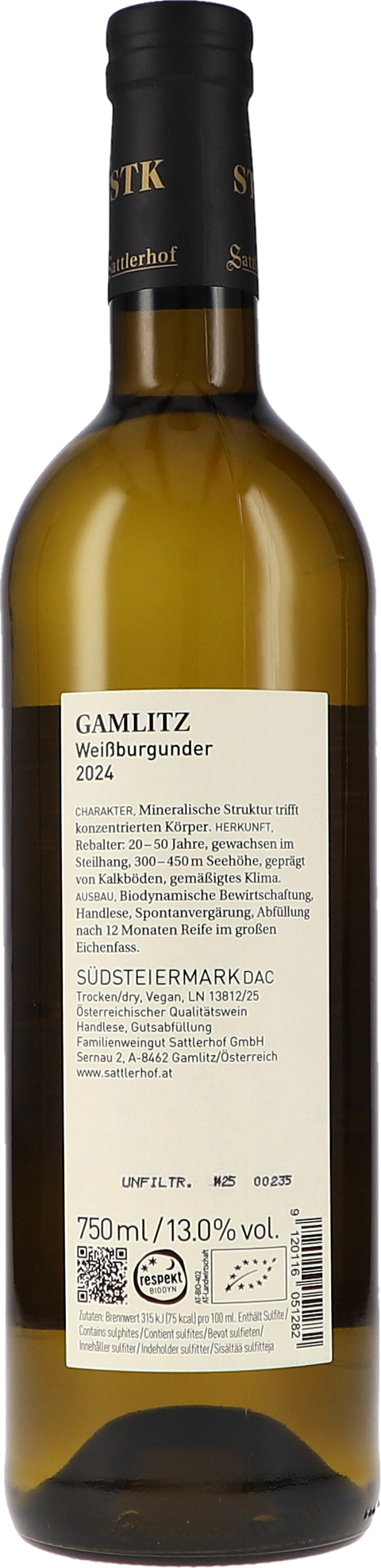 Sattlerhof Gamlitz Weissburgunder DAC 2024 BIO Rücketikett