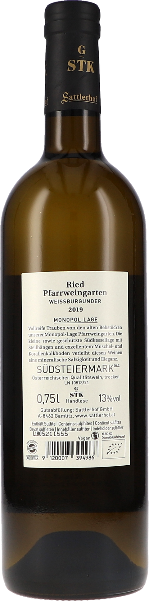 Sattlerhof Ried Pfarrweingarten Weissburgunder DAC 2019 BIO Rücketikett
