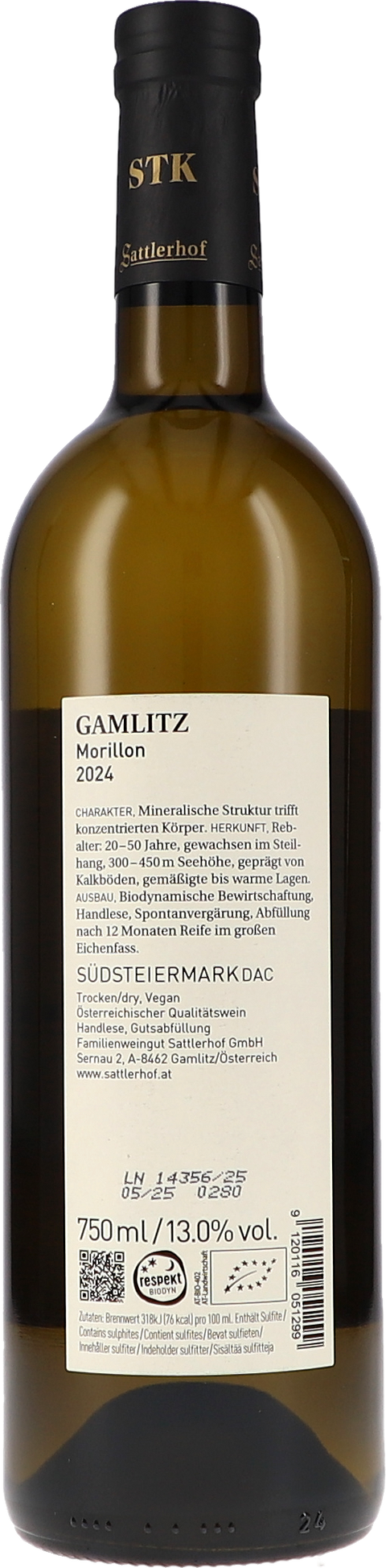 Sattlerhof Gamlitz Morillon DAC 2024 BIO Rücketikett