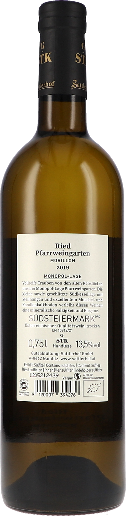 Sattlerhof Ried Pfarrweingarten Morillon DAC 2019 BIO Rücketikett