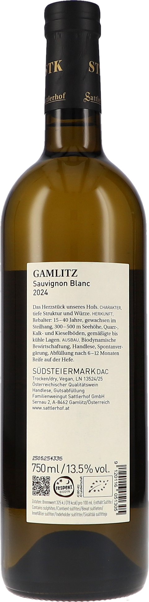 Sattlerhof Gamlitz Sauvignon Blanc DAC 2024 BIO Rücketikett