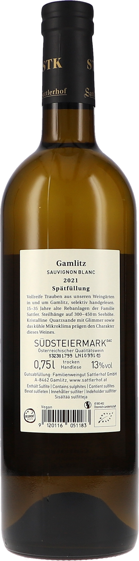 Sattlerhof Gamlitz Sauvignon Blanc, Spätfüllung DAC 2021 BIO Rücketikett