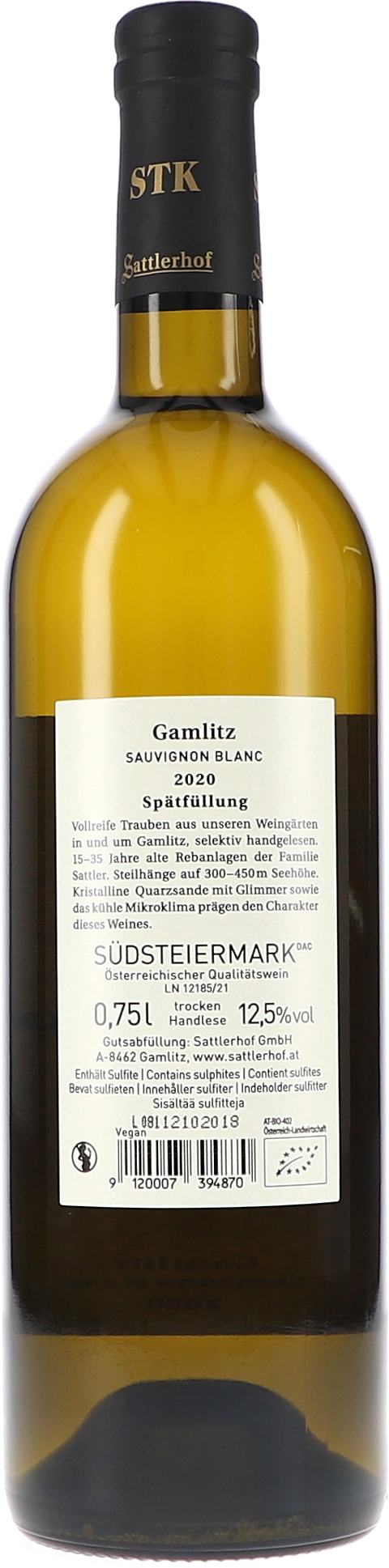 Sattlerhof Gamlitz Sauvignon Blanc, Spätfüllung DAC 2020 BIO Rücketikett