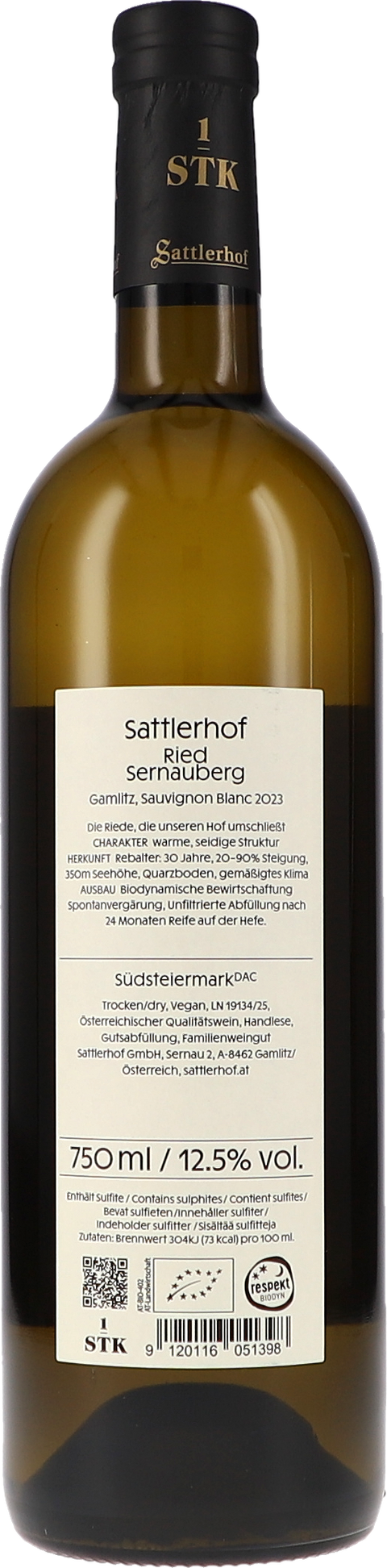 Sattlerhof Ried Sernauberg Sauvignon Blanc 1.STK Lage 2023 BIO Rücketikett