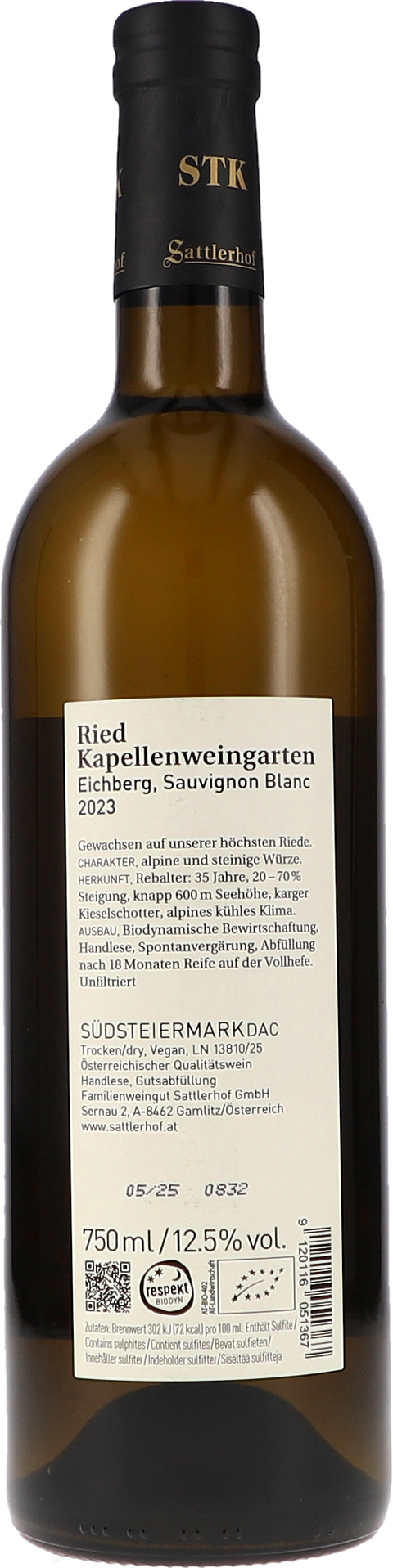 Sattlerhof Ried Kapellenweingarten Sauvignon Blanc DAC 2023 BIO Rücketikett
