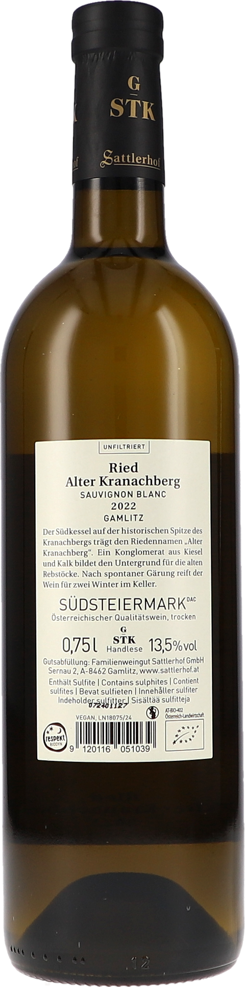 Sattlerhof Ried Alter Kranachberg Sauvignon Blanc Große STK Lage 2022 BIO Rücketikett