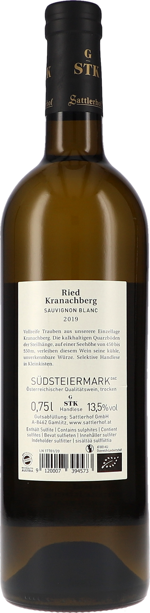 Sattlerhof Ried Kranachberg Sauvignon Blanc DAC 2019 BIO Rücketikett