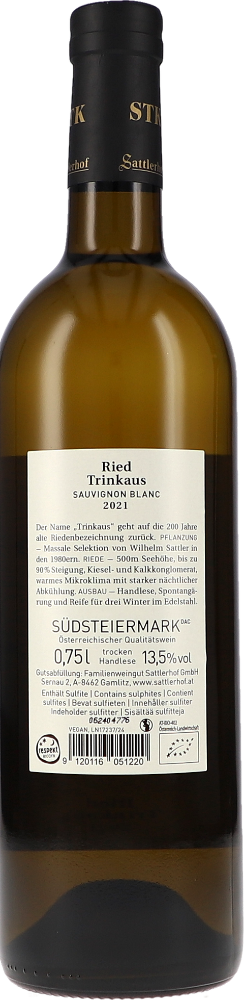 Sattlerhof Ried Trinkaus Sauvignon Blanc DAC 2021 BIO Rücketikett