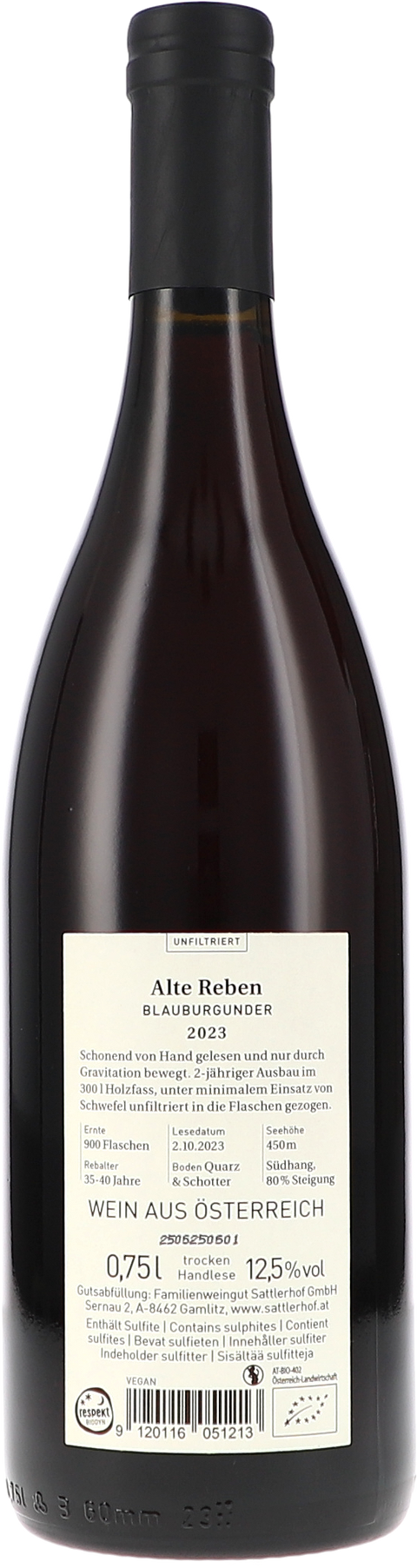Sattlerhof Alte Reben Blauburgunder 2023 BIO Rücketikett