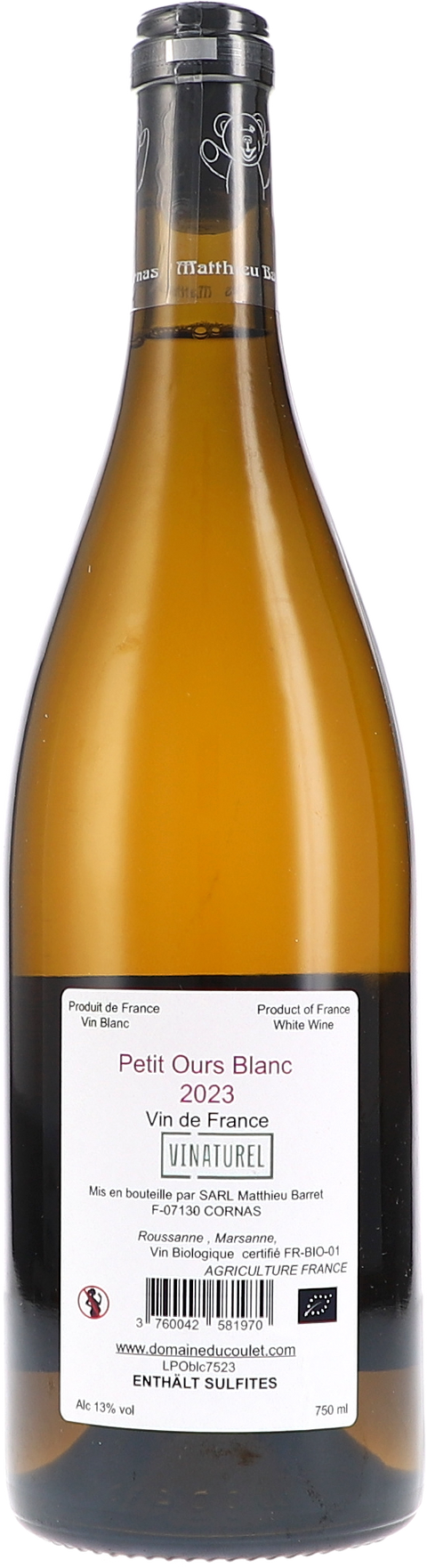 Du Coulet Vin de France "Petit Ours Blanc" 2023 BIO Rücketikett