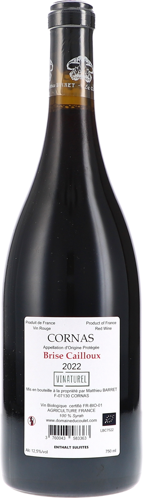 Du Coulet Cornas "Brise Cailloux" 2022 BIO Rücketikett
