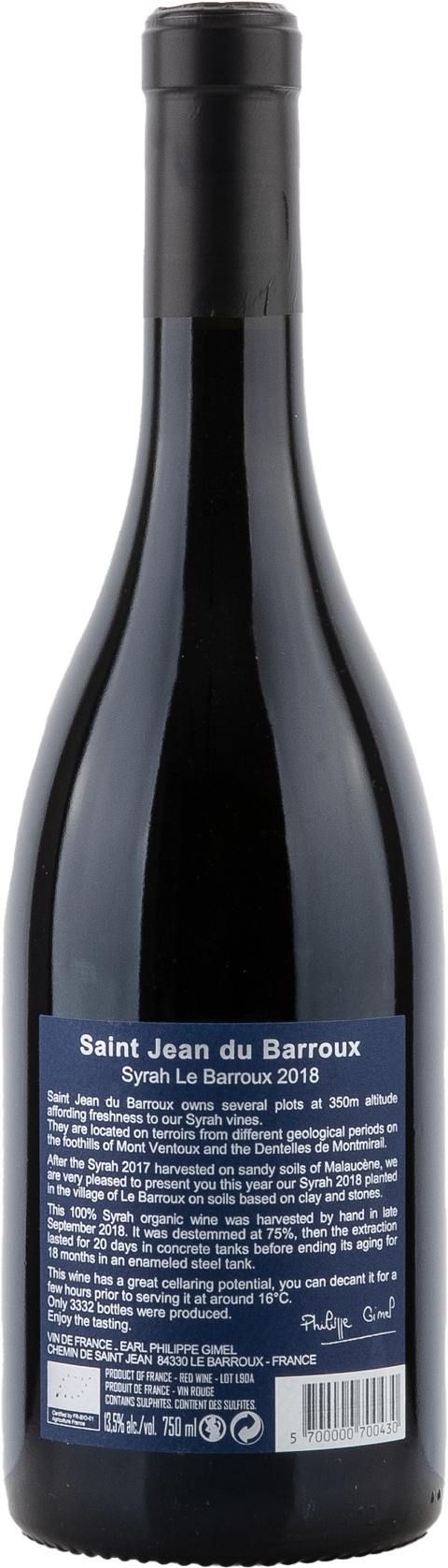 Saint Jean Du Barroux Syrah Le Barroux VdF 2018 BIO Rücketikett