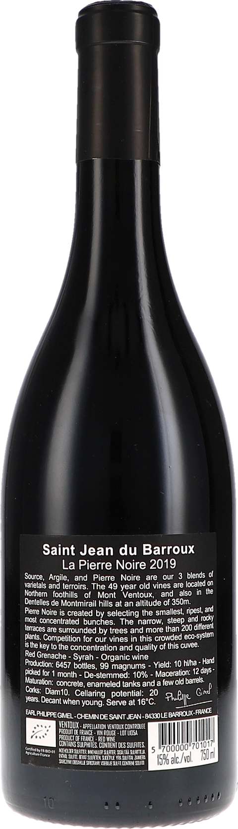 Saint Jean Du Barroux La Pierre Noire AOC 2019 BIO Rücketikett