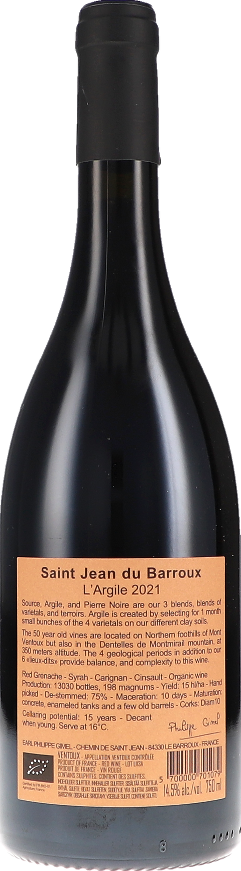 Saint Jean Du Barroux L'Argile AOC 2021 BIO Rücketikett