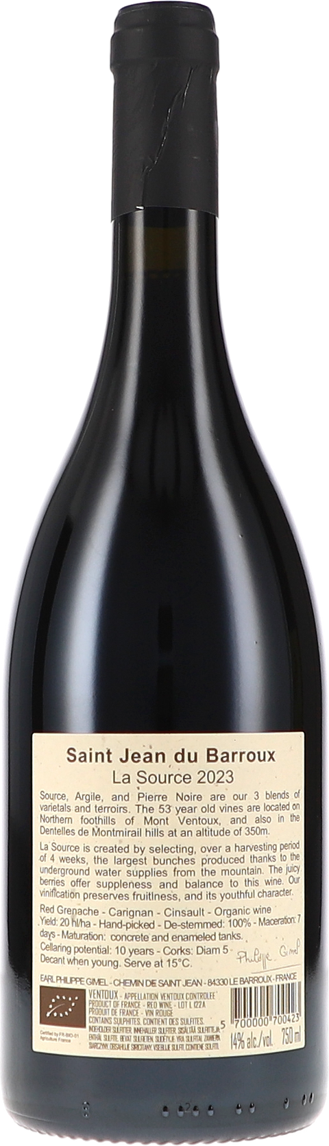 Saint Jean Du Barroux La Source AOC 2023 BIO Rücketikett