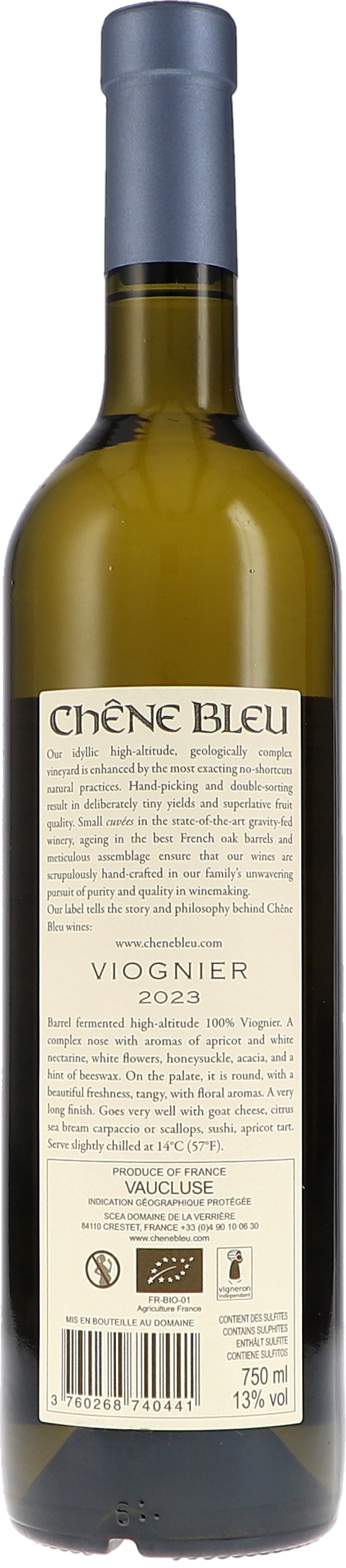 Chêne Bleu Viognier IGP 2023 BIO Rücketikett