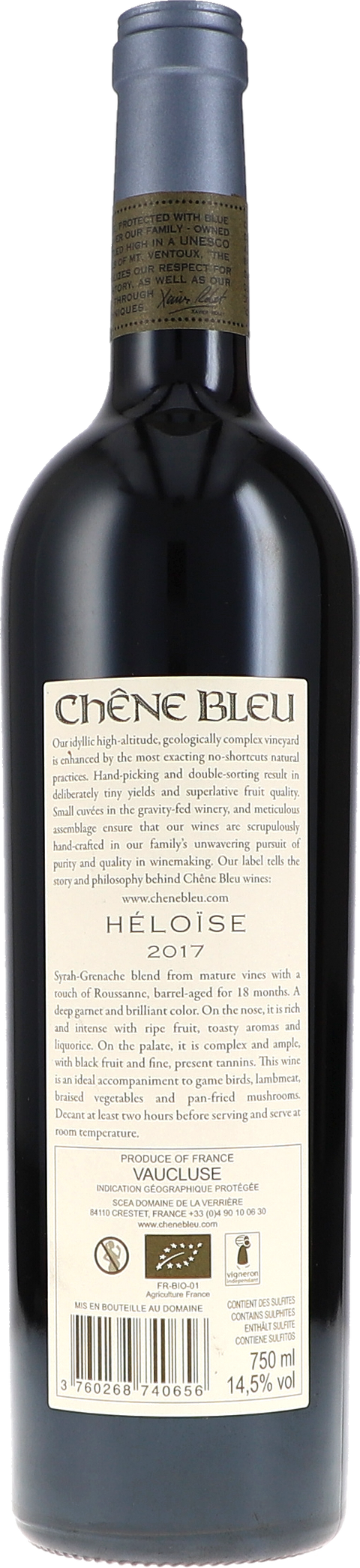 Chêne Bleu Héloise IGP 2017 BIO Rücketikett