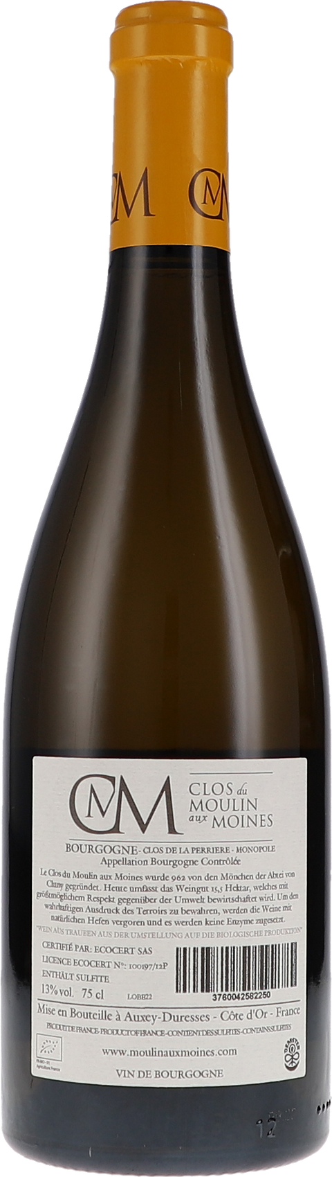 Clos du Moulin aux Moines Bourgogne "Clos de la Perrière" Blanc, Monopole AOP 2022 BIO Rücketikett