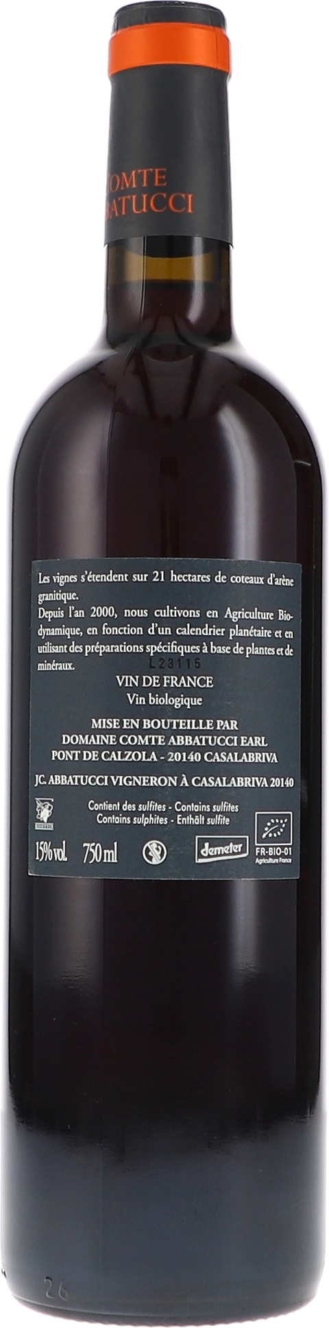 Abbatucci Faustine Vieilles Vignes, Rouge VdF 2023 BIO Rücketikett