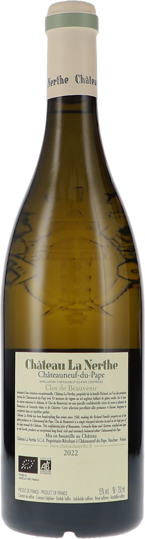 La Nerthe "Châteauneuf-du-Pape ""Clos de Beauvenir"" Blanc AOC" 2022 BIO Rücketikett