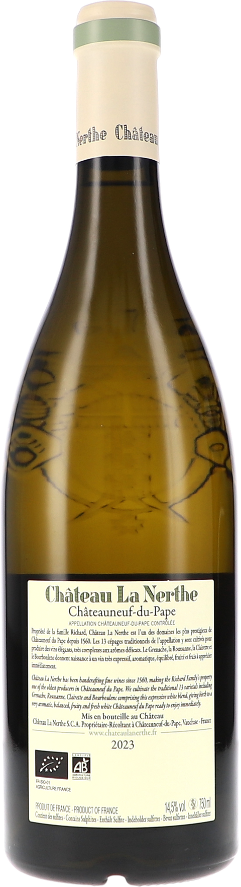 La Nerthe Châteauneuf-du-Pape Blanc AOC 2023 BIO Rücketikett