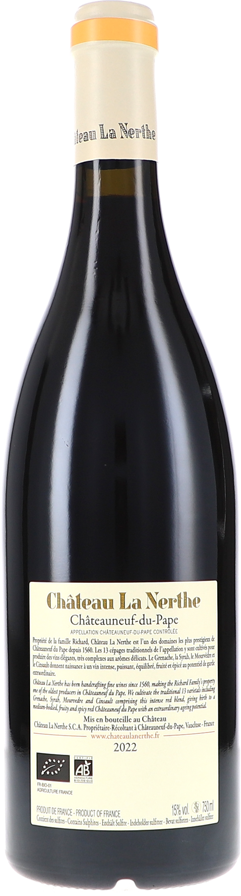 La Nerthe Châteauneuf-du-Pape Rouge AOC 2022 BIO Rücketikett