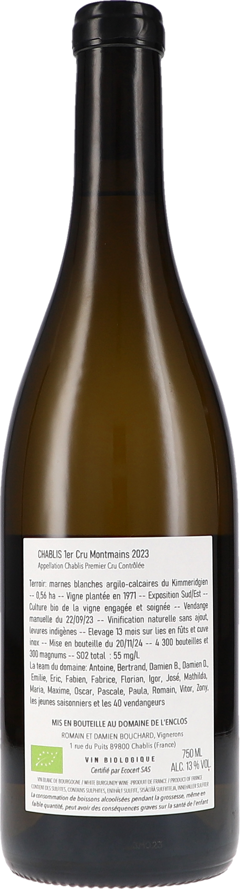 de l'Enclos Chablis 1er Cru Montmains AOC 2023 BIO
