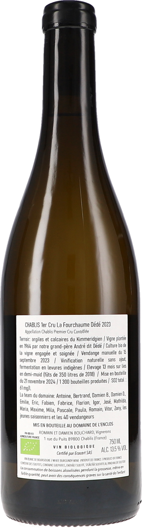de l'Enclos "Chablis 1er Cru La Fourchaume ""Dédé"" AOC" 2023 BIO Rücketikett