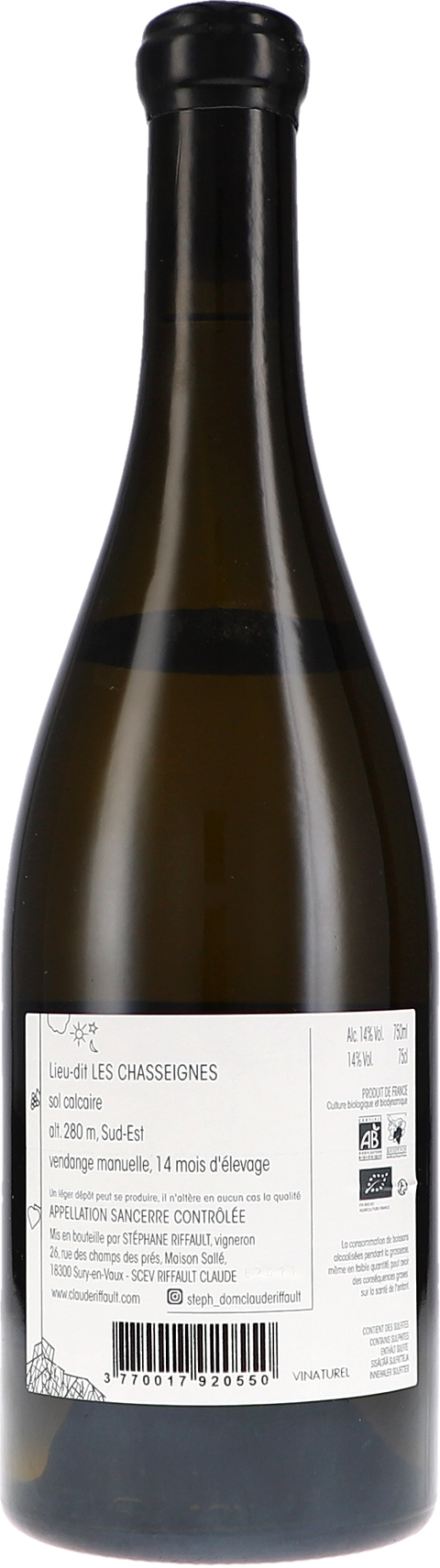 Claude Riffault "Sancerre blanc ""Les Chasseignes"" AOC" 2023 BIO Rücketikett