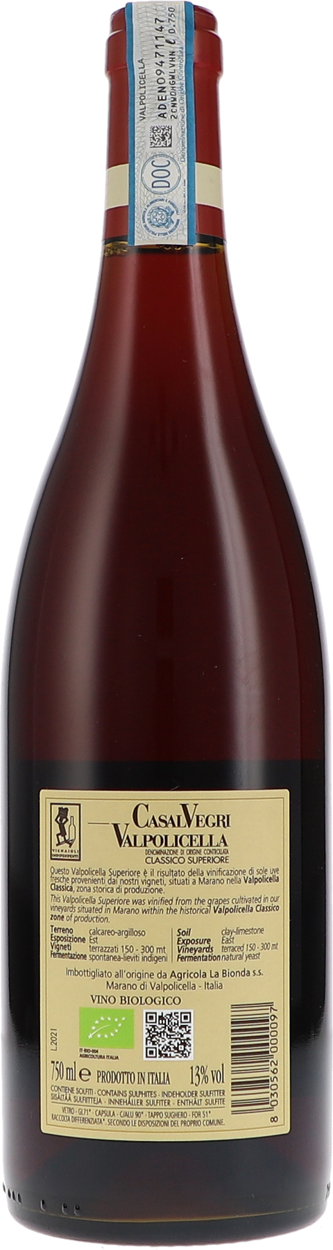 Ca´ La Bionda Valpolicella Classico Superiore DOC Casal Vegri  2021 BIO Rücketikett