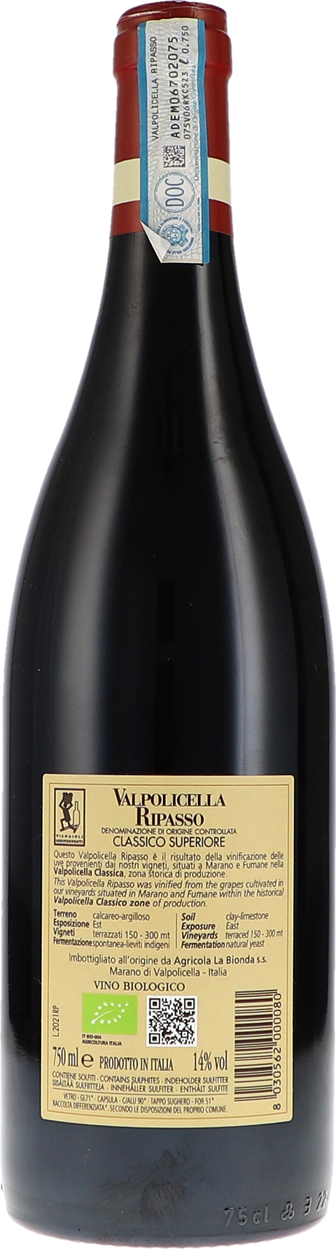 Ca´ La Bionda Ripasso Malavoglia Valpolicella Classico Superiore DOC 2021 BIO Rücketikett