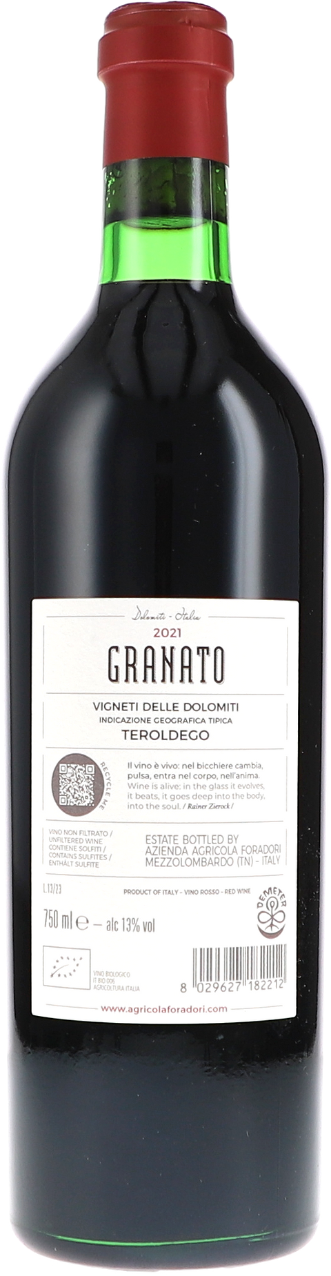 Foradori Granato Teroldego Vigneti delle Dolomiti IGT 2021 BIO Rücketikett